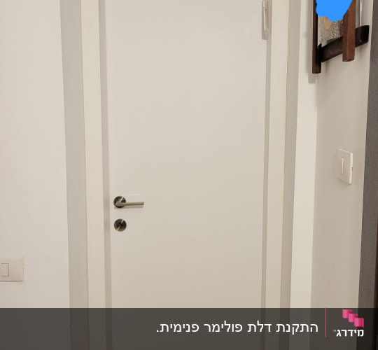 דלת לבנה עם ידית כסופה במסגרת קיר לבן